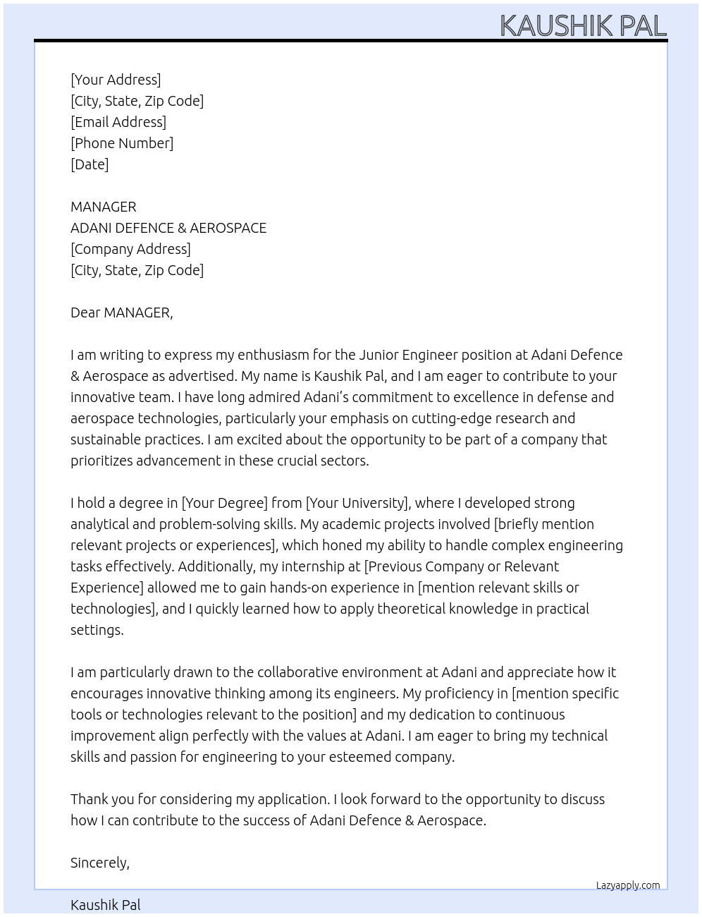 JUNIOR ENGINEER At ADANI DEFENCE & AERPSPACE Cover Letter