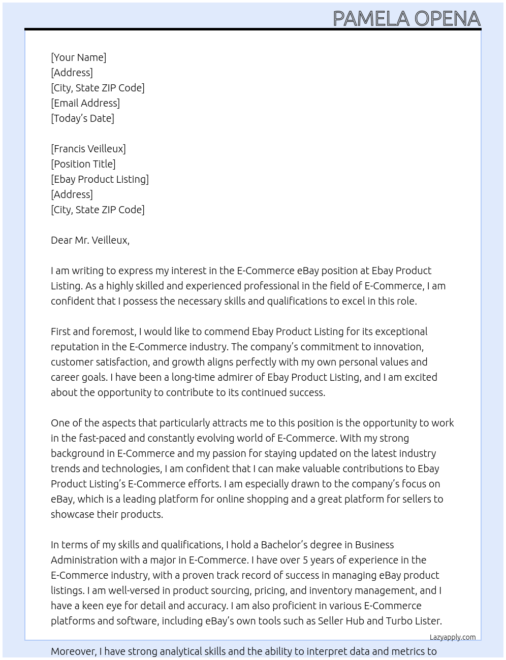 E-Commerce eBay At Ebay Product listing Cover Letter
