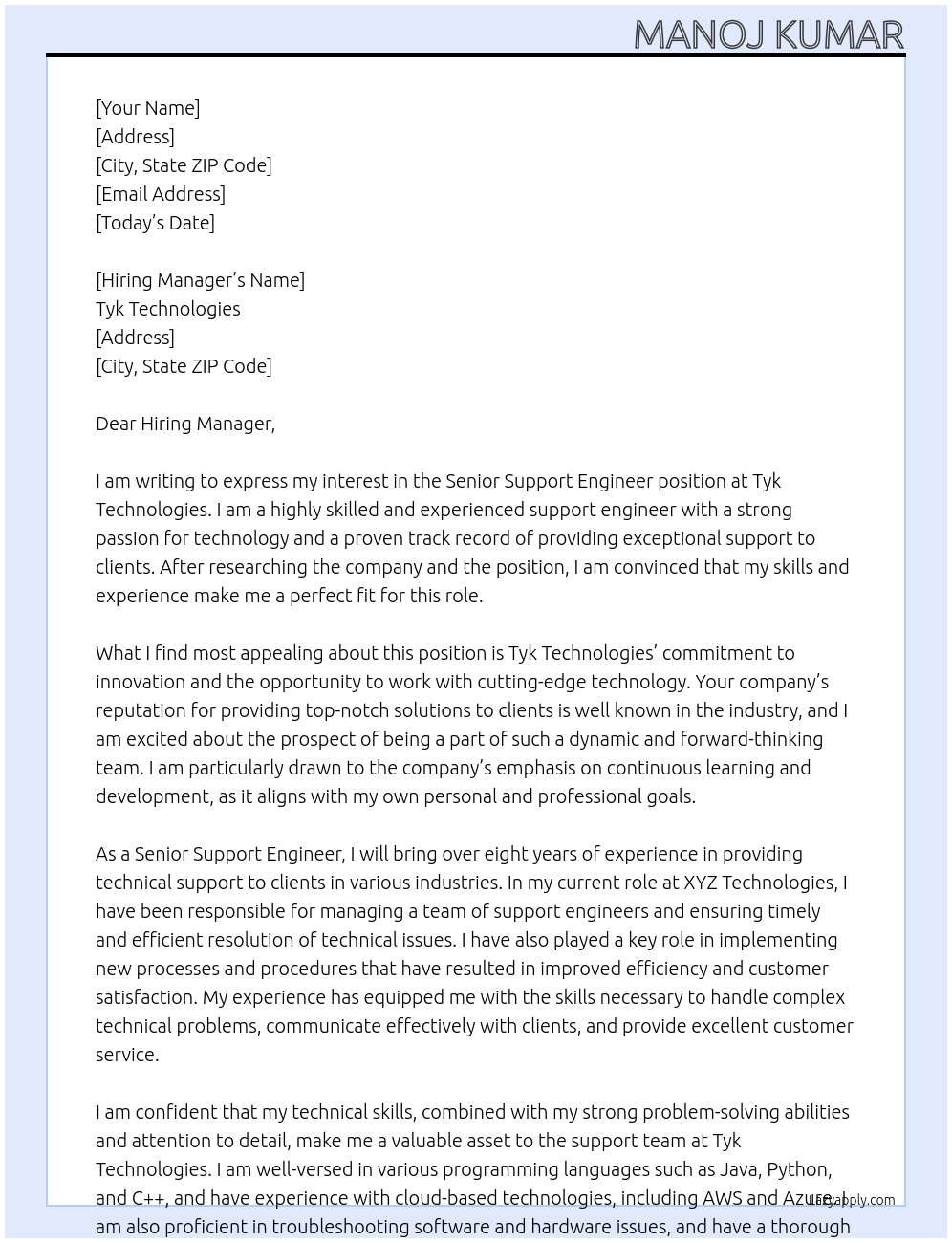 Senior Support Engineer At Tyk Technologies Cover Letter