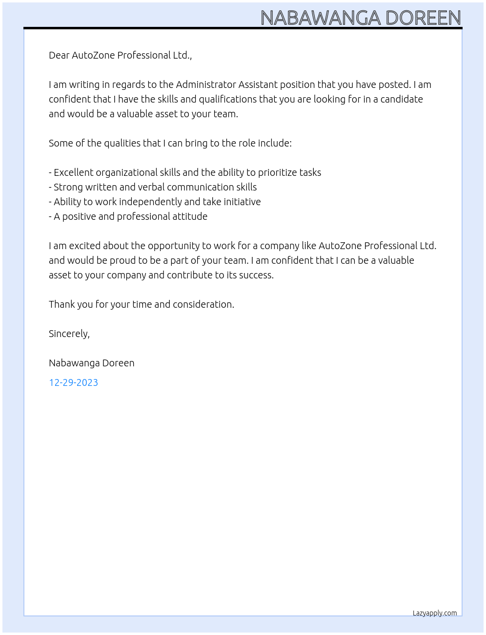 Administrator assistant  At AutoZone professional ltd Cover Letter