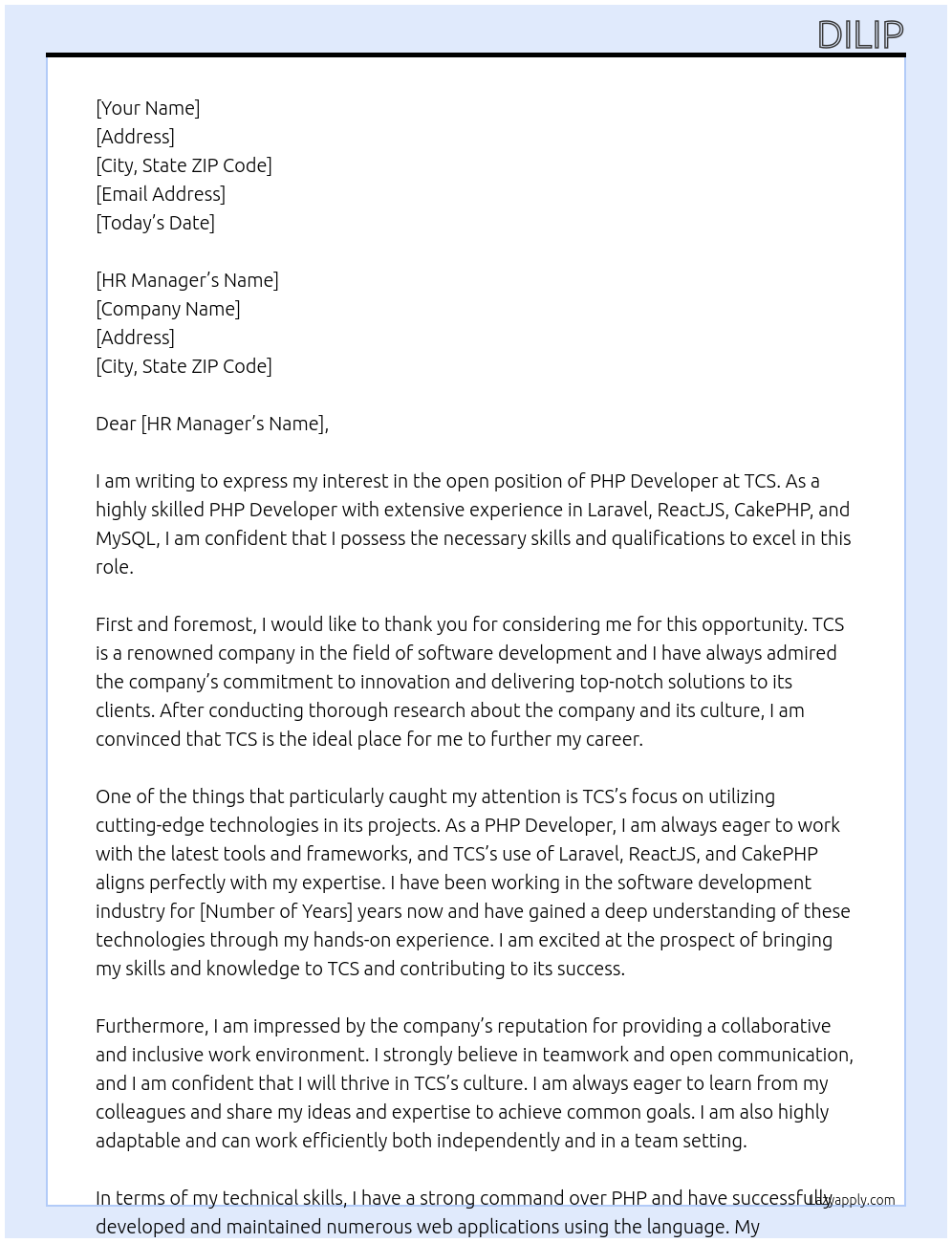 PHP Developer At TCS Cover Letter