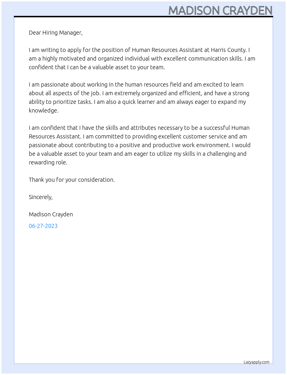 Human Resources Assistant At Harris County Cover Letter
