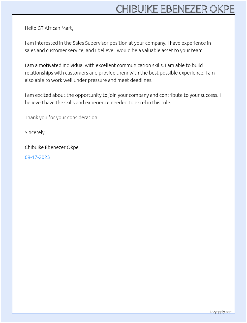 Sales Supervisor At GT AFRICAN MART  Cover Letter