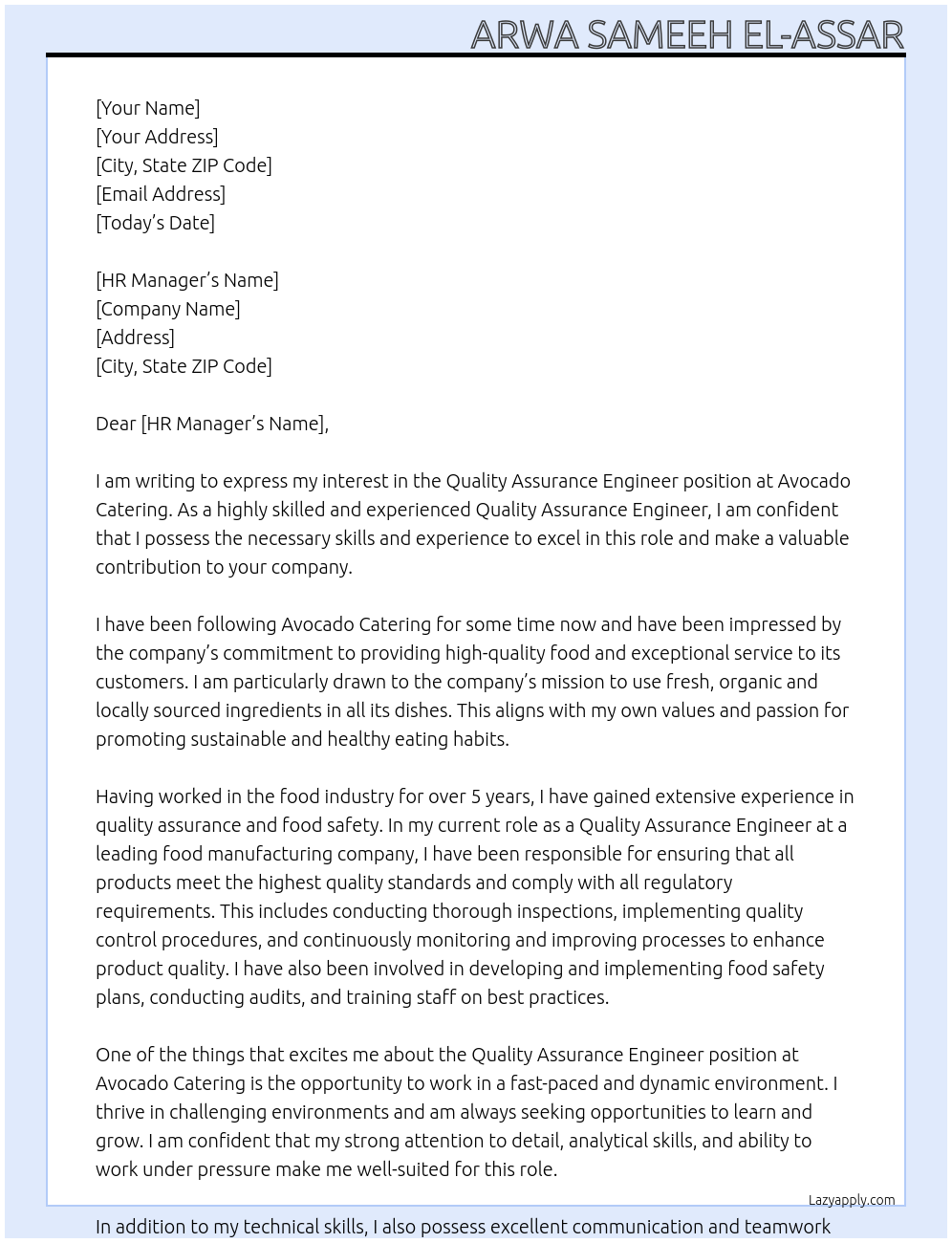 Quality Assurance engineer At Avocado Catering Cover Letter