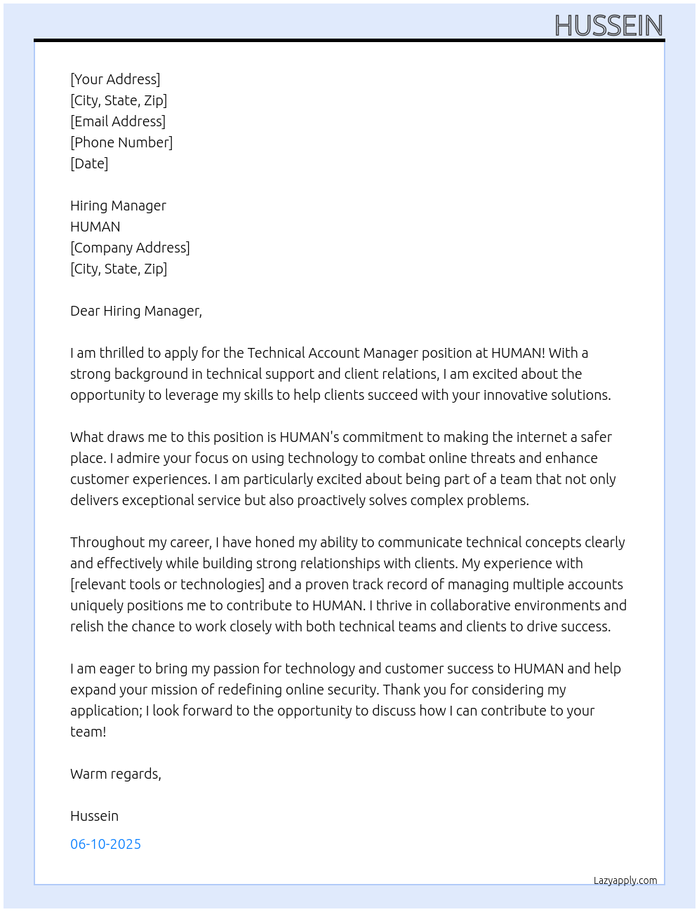 Cover letter for technical account manager - LazyApply