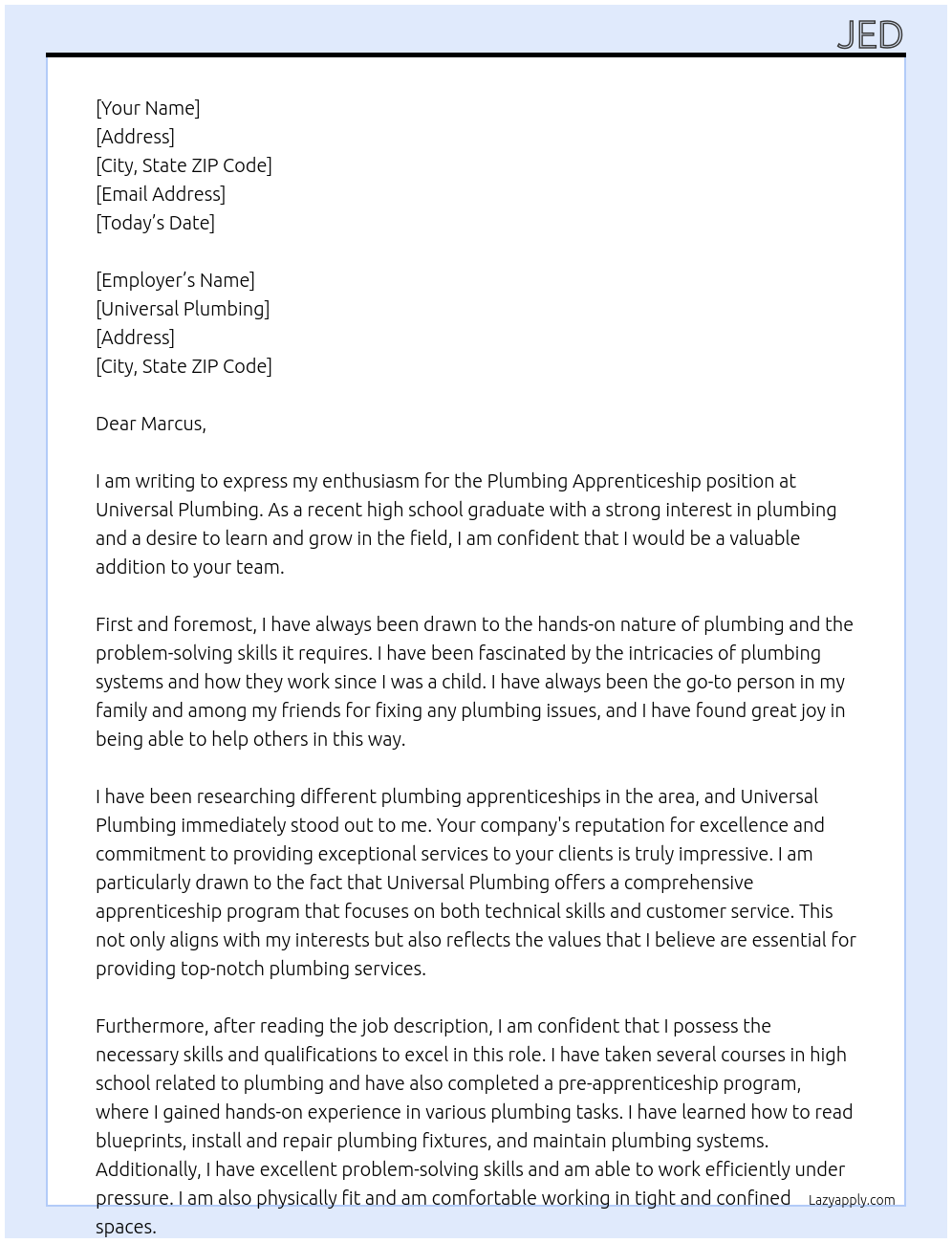 Plumbing apprenticeship  At Universal Plumbing Cover Letter