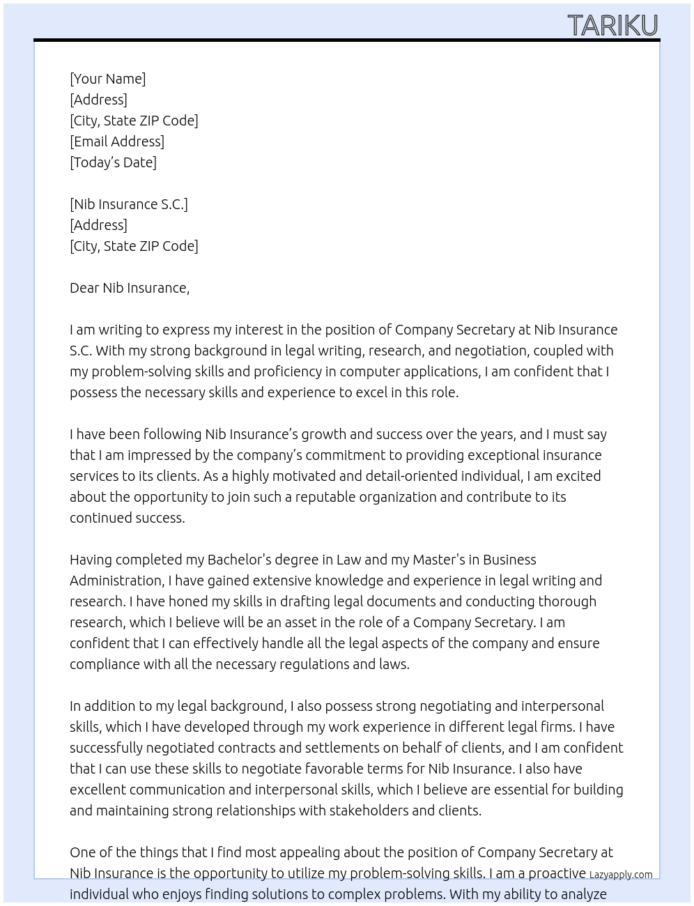 Company Secretary At Nib Insurance S.C Cover Letter