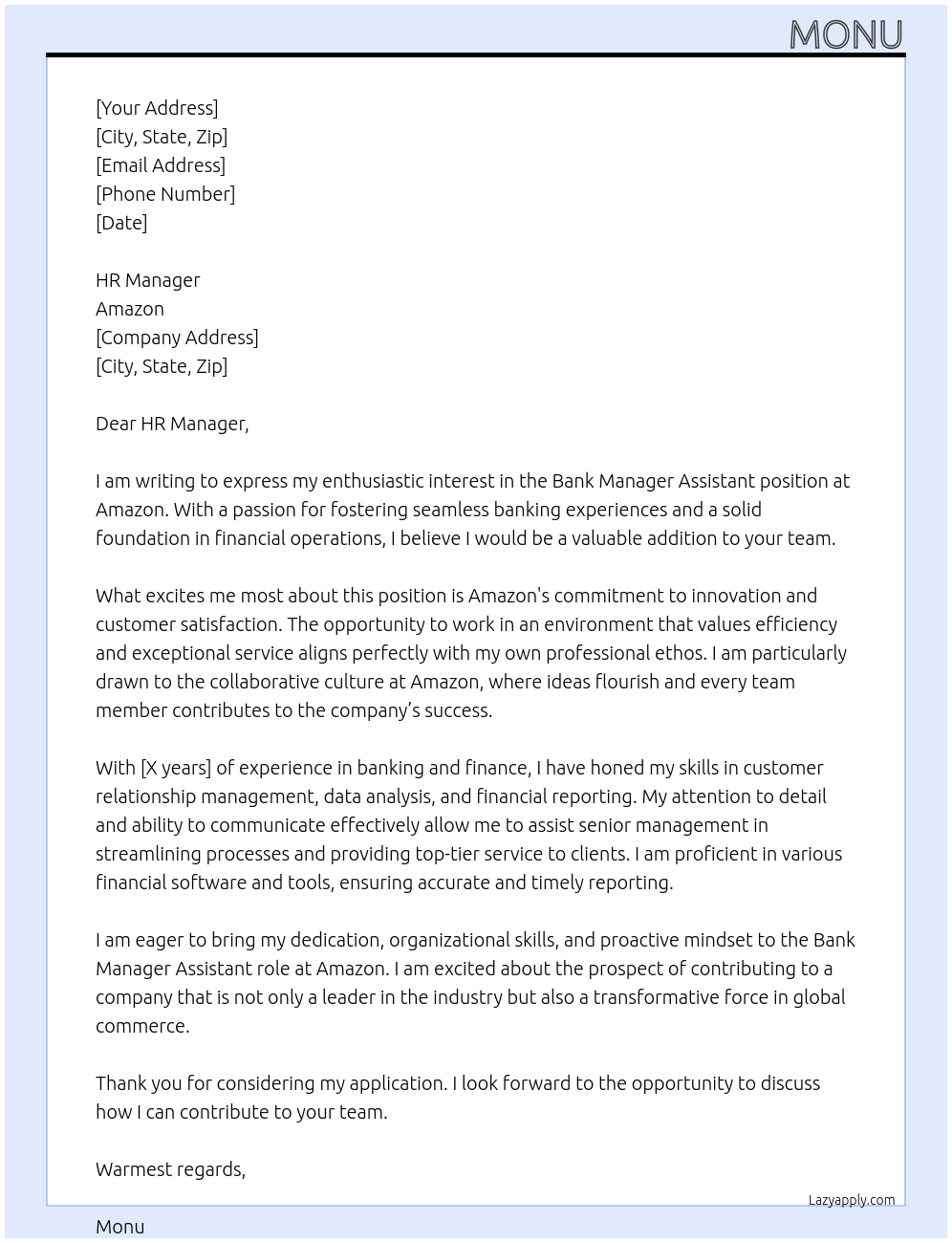 Bank manager assistant At Amazon Cover Letter