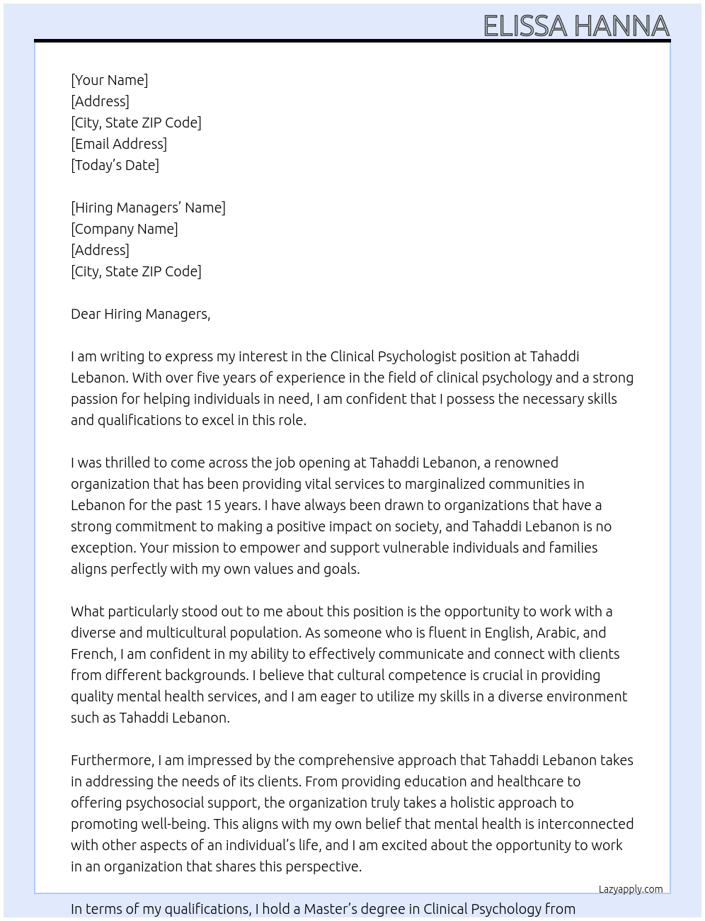Clinical Psychologist At Tahaddi Lebanon Cover Letter