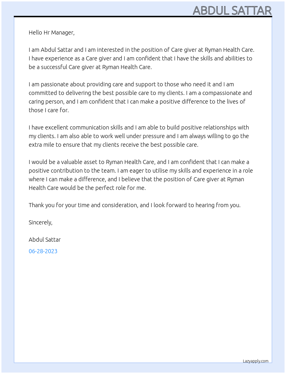 Care giver At ryman health care Cover Letter