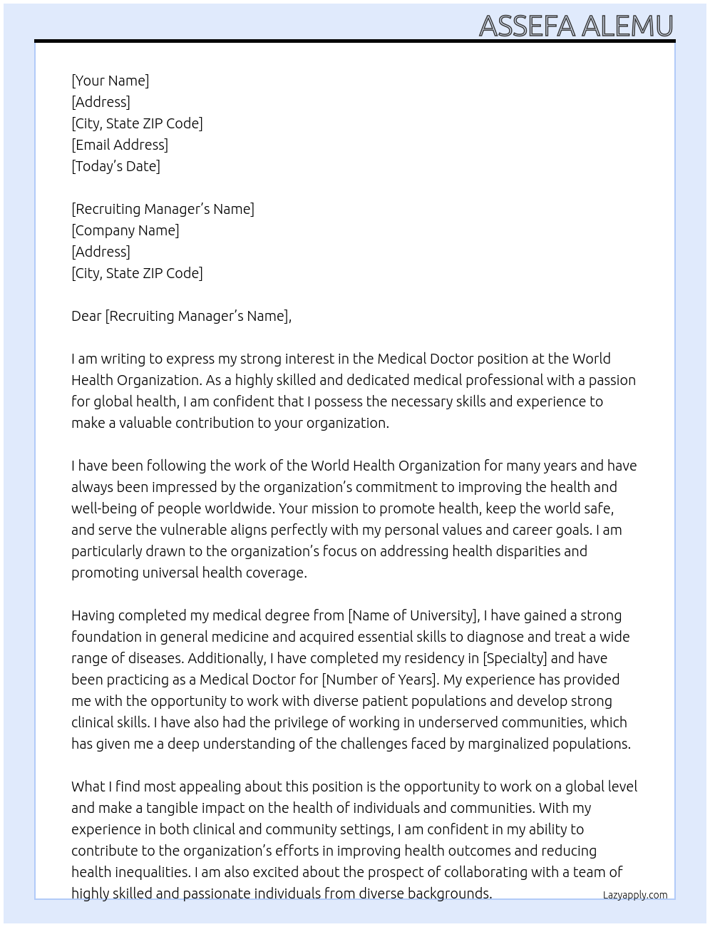 Medical doctor At World health organization Cover Letter