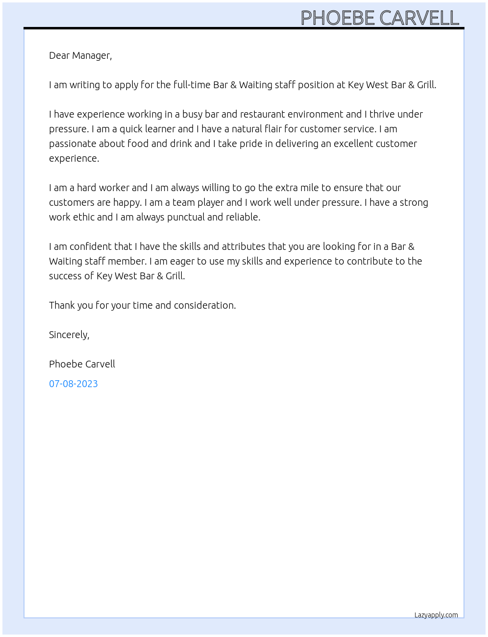 Bar & Waiting staff  At Key West Bar & Grill  Cover Letter