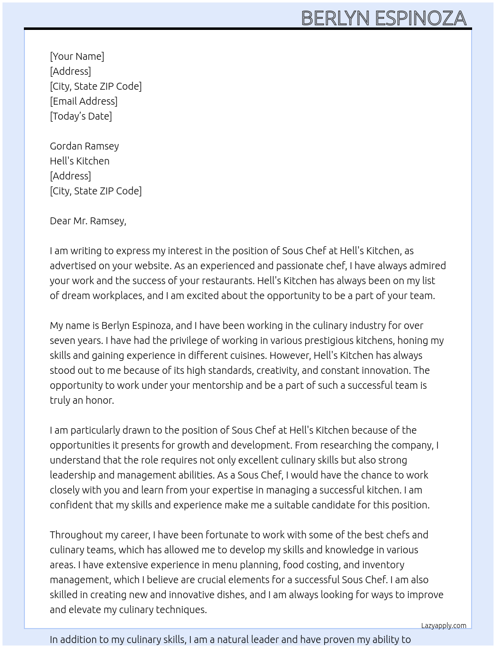 sous chef  At Hell's Kitchen  Cover Letter