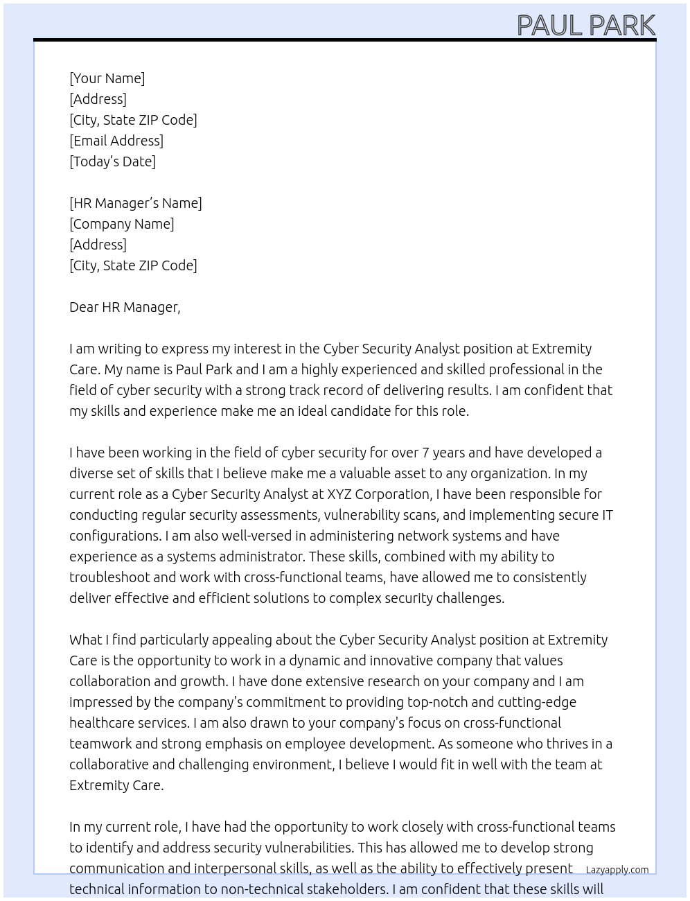 Cyber Security Analyst At Extremity Care Cover Letter