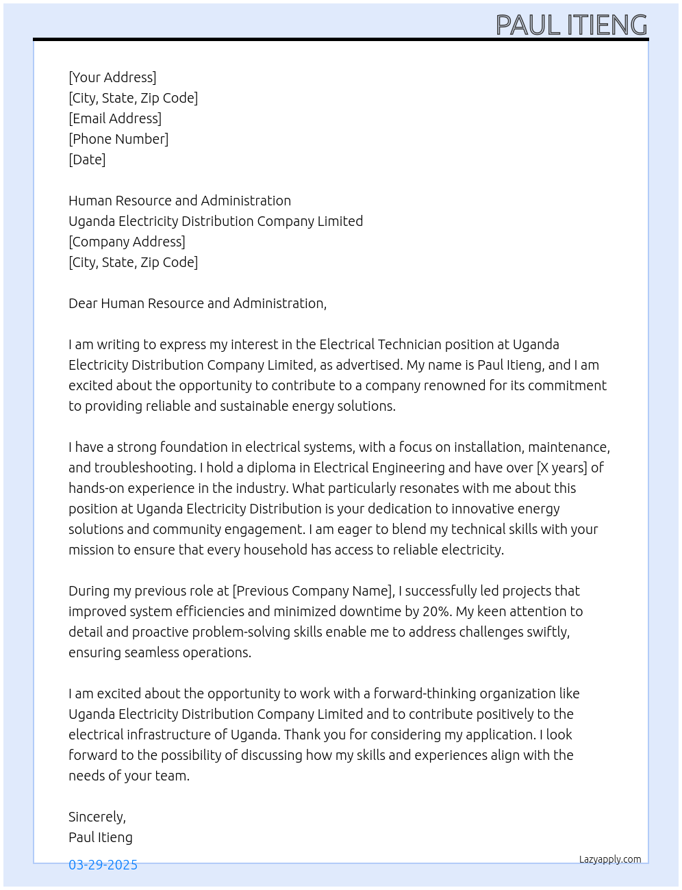 Electrical technician At Uganda electricity distribution company limited Cover Letter