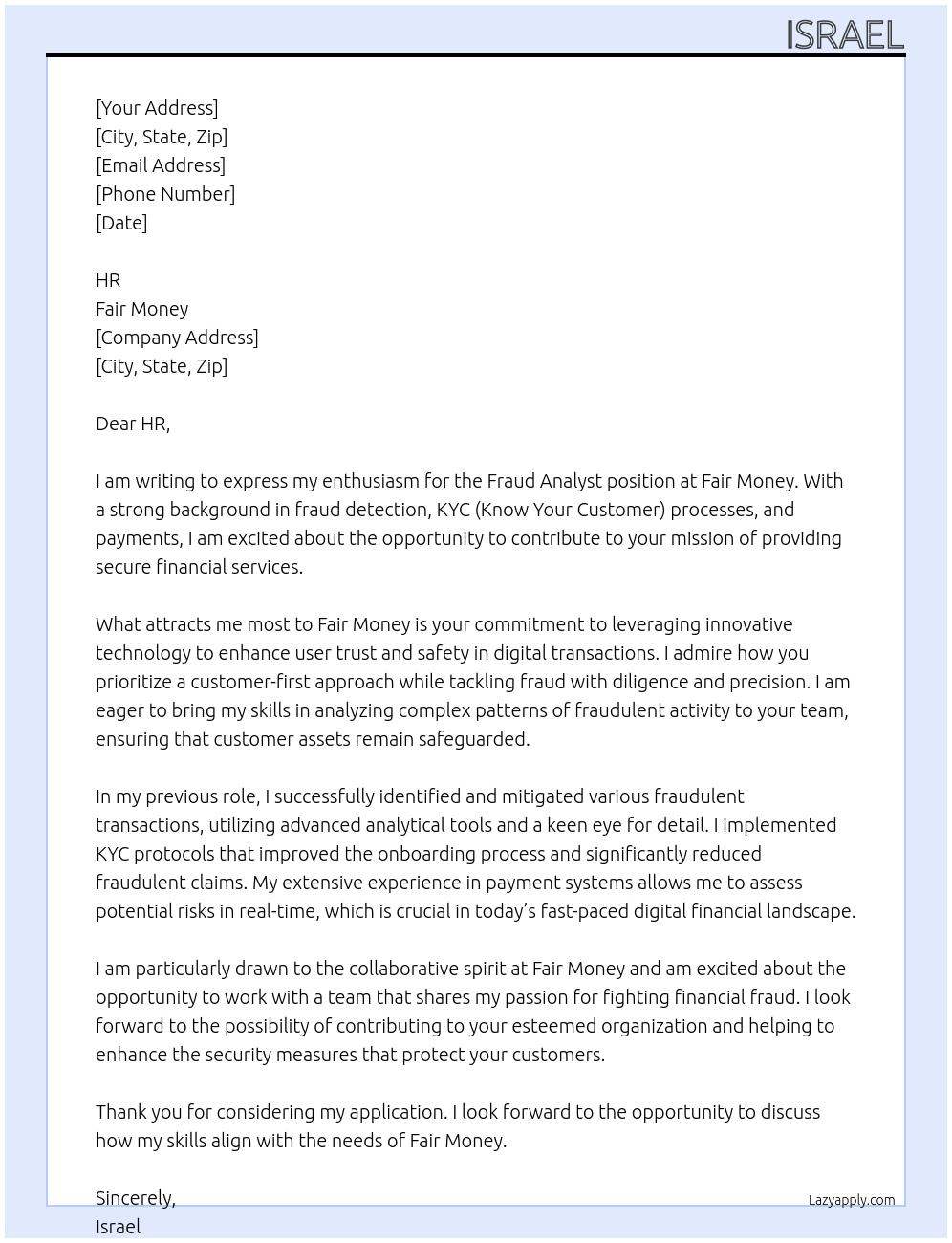 Fraud analyst At Fair money Cover Letter