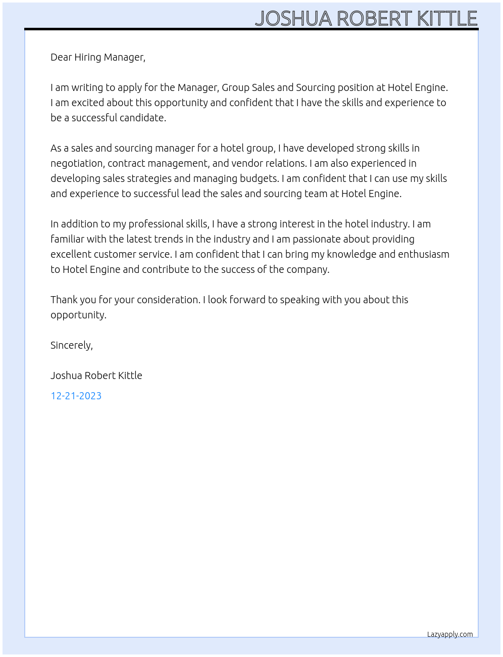 Manager, Group Sales and Sourcing At Hotel Engine Cover Letter