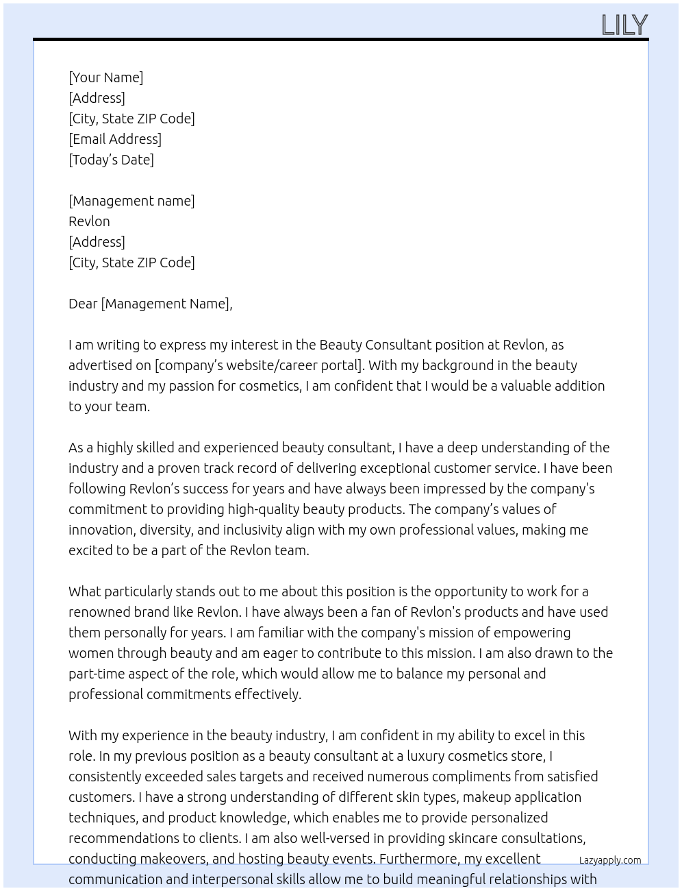 Beauty consultant  At Revlon  Cover Letter