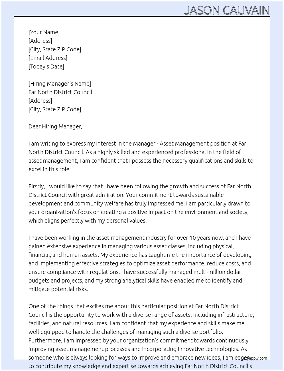 Cover letter for manager - asset management - LazyApply