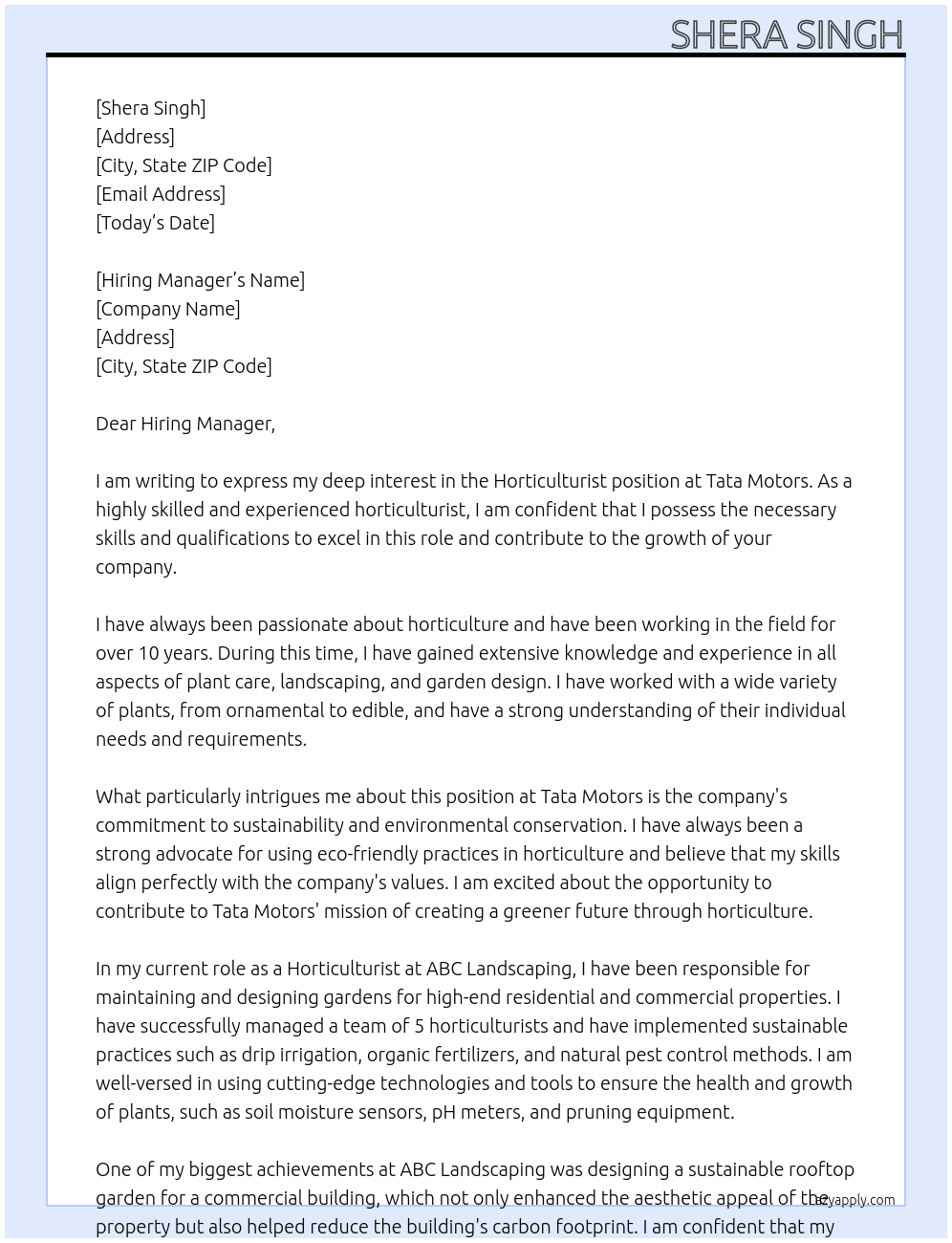 Horticulturist  At Tata Motors  Cover Letter