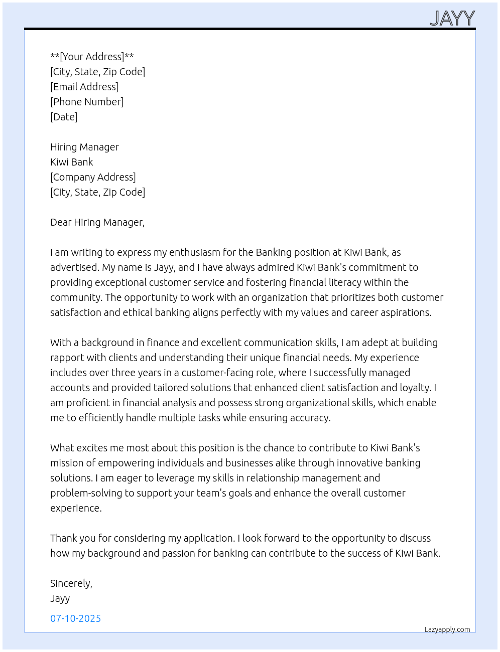 Banking At Kiwi bank Cover Letter