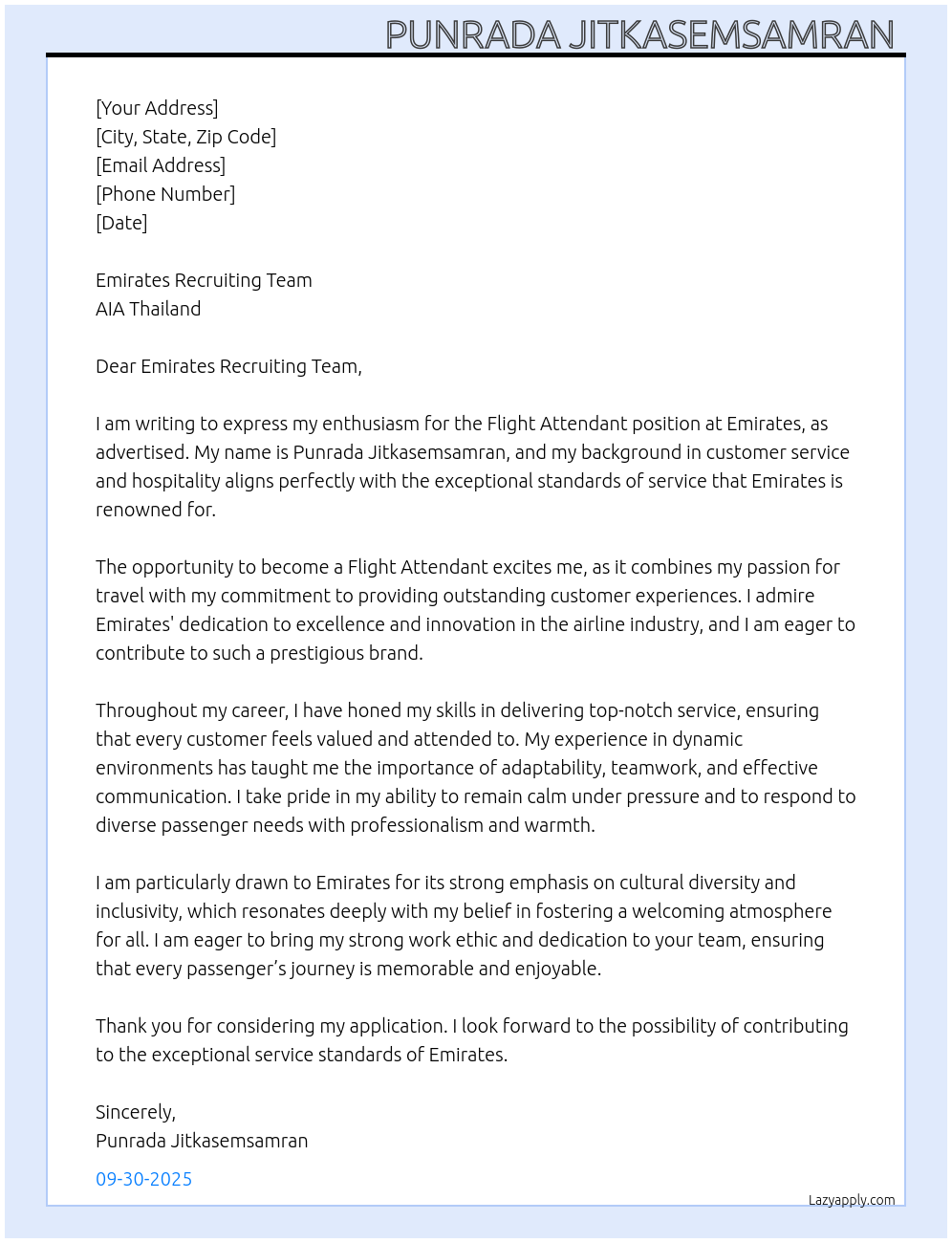 Flight attendant At AIA Thailand Cover Letter