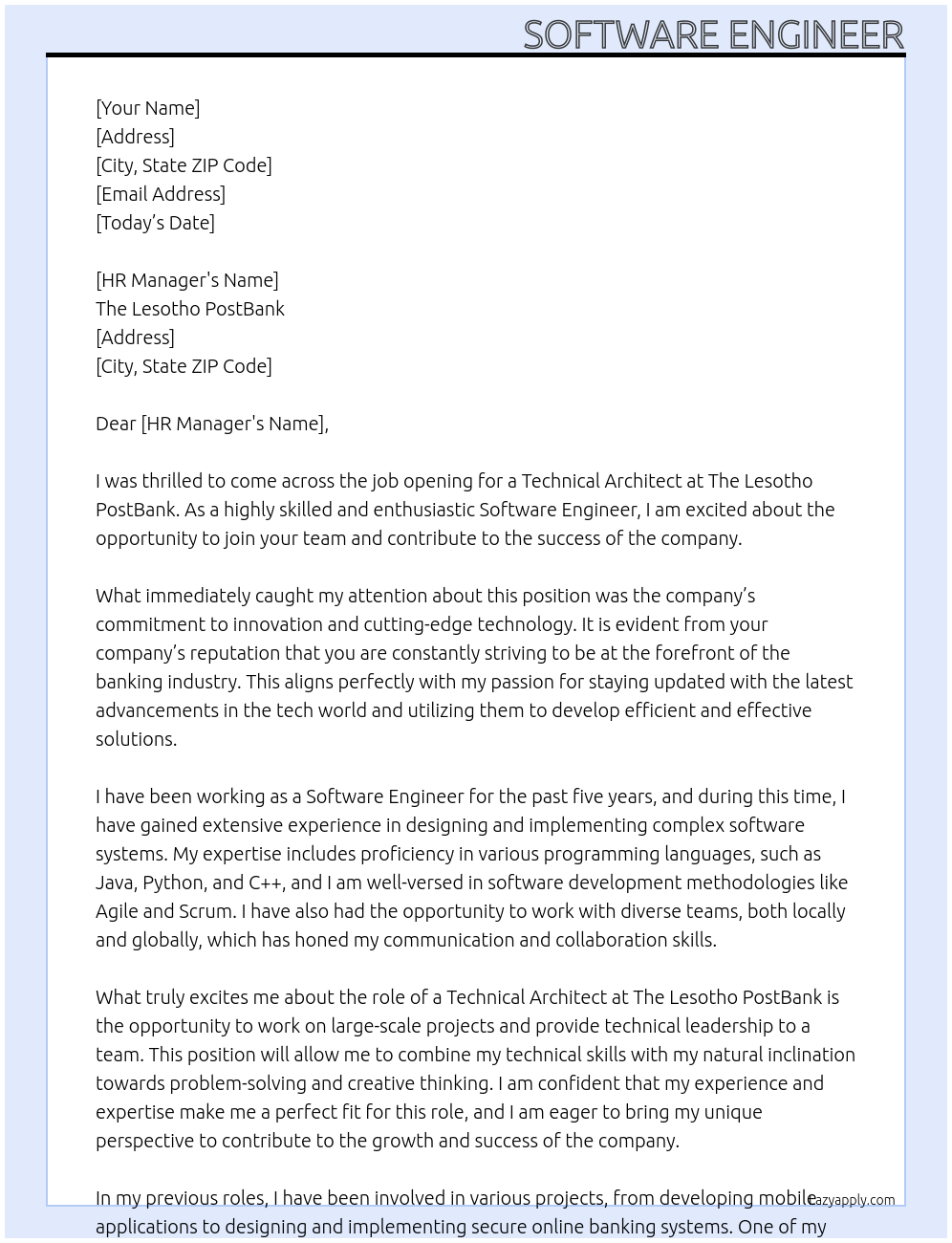 Technical Architect  At The Lesotho PostBank Cover Letter