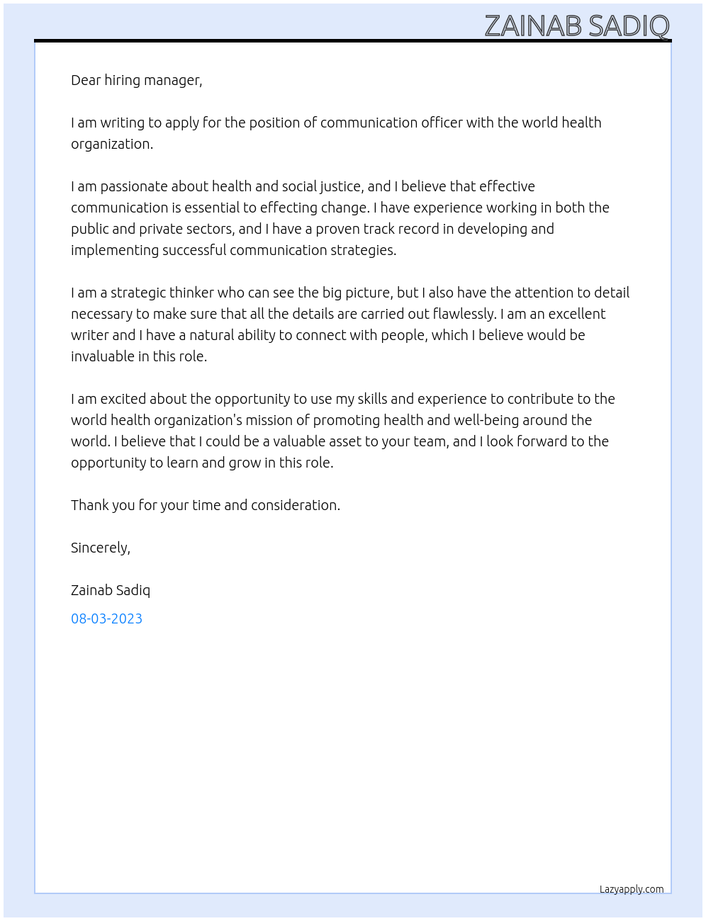 communication officer At world health organization Cover Letter