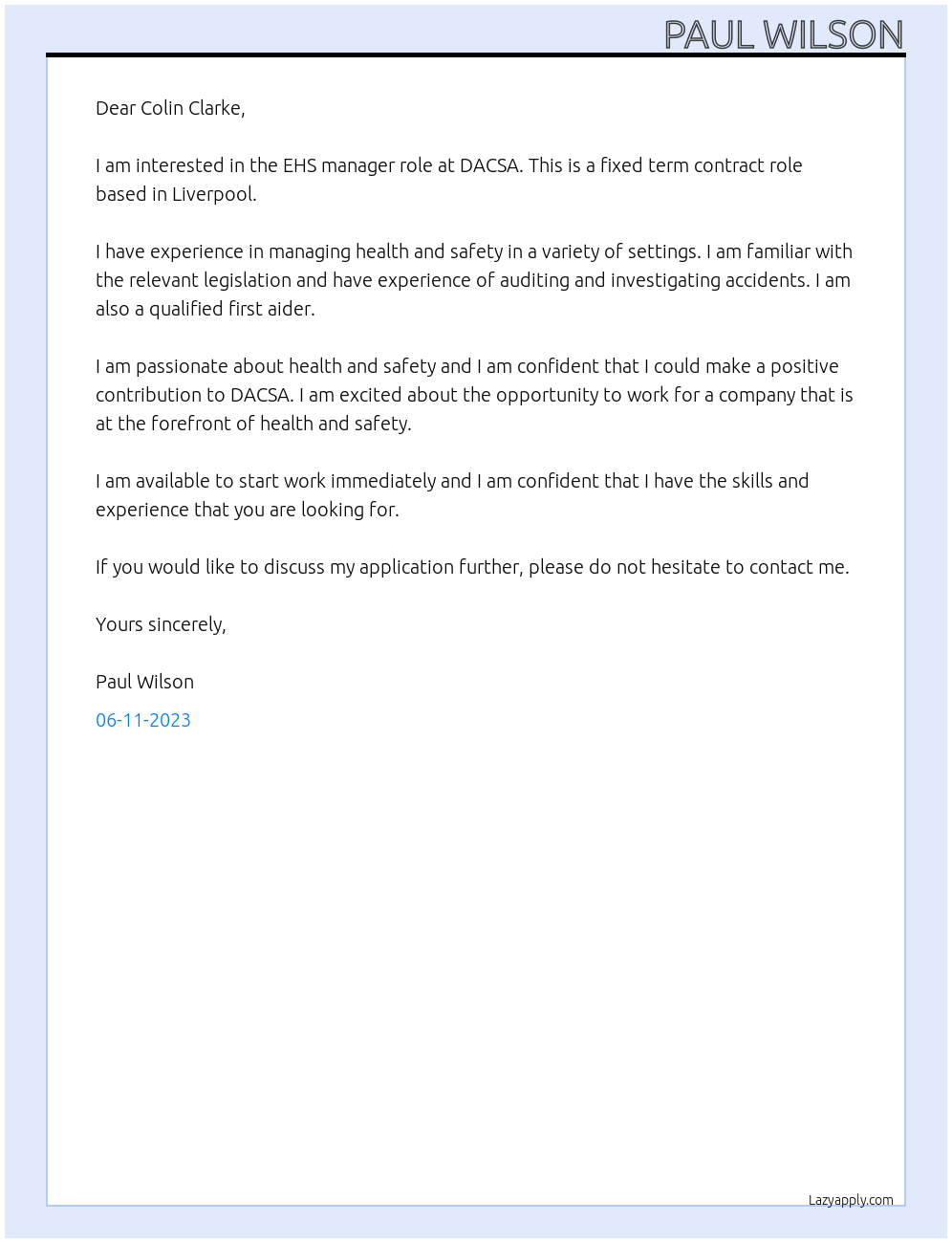 EHS manager  At DACSA Cover Letter