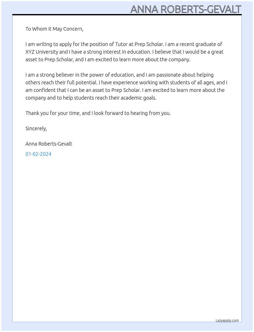 Tutor At Prep Scholar Cover Letter