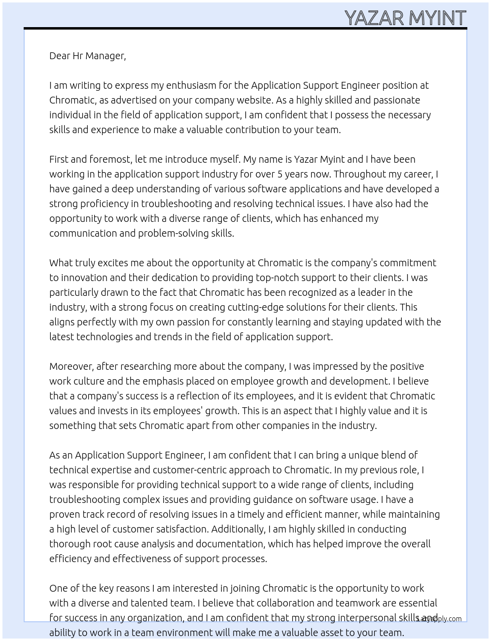 Application Support Engineer At Chromatic Cover Letter