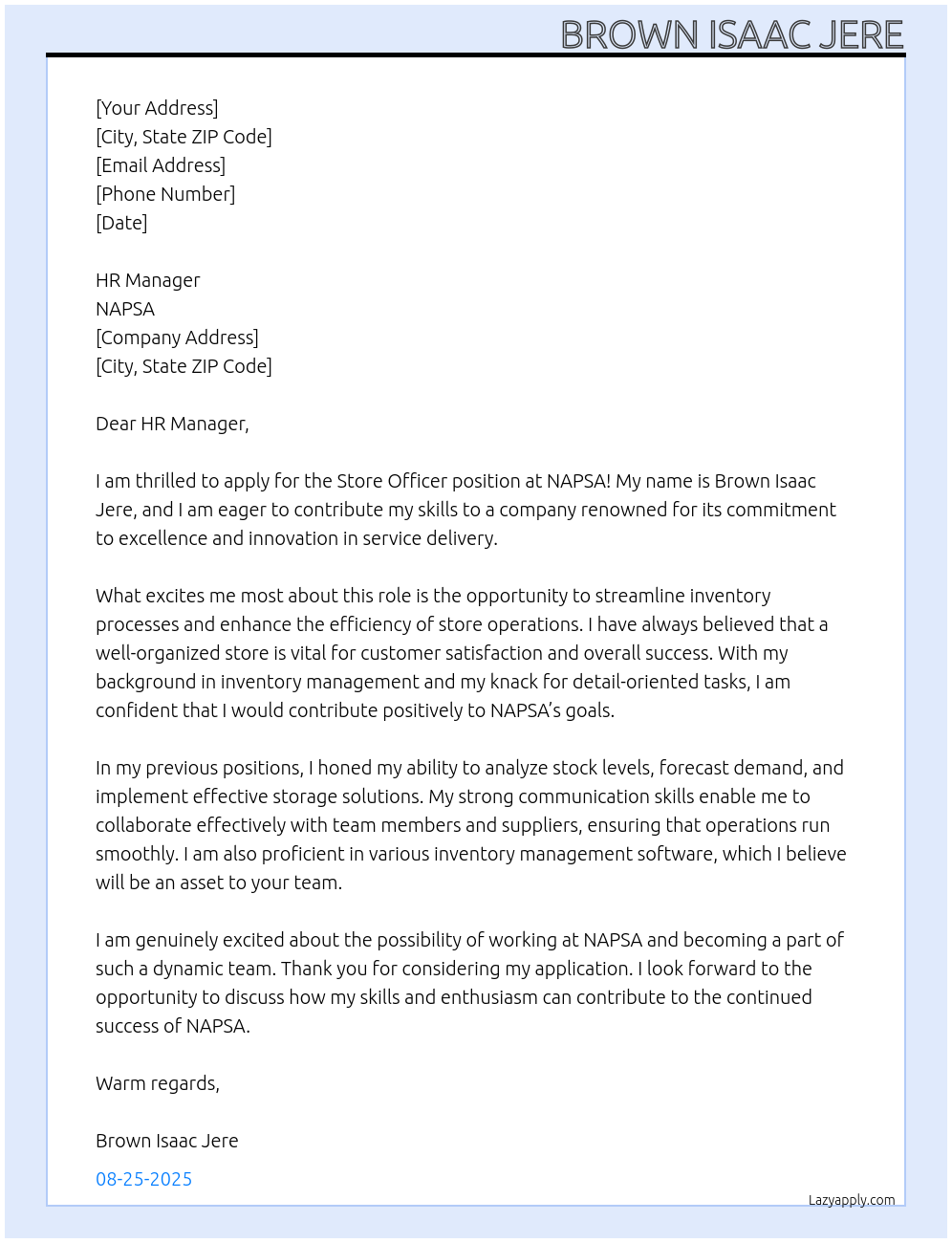 Cover letter for store officer - LazyApply