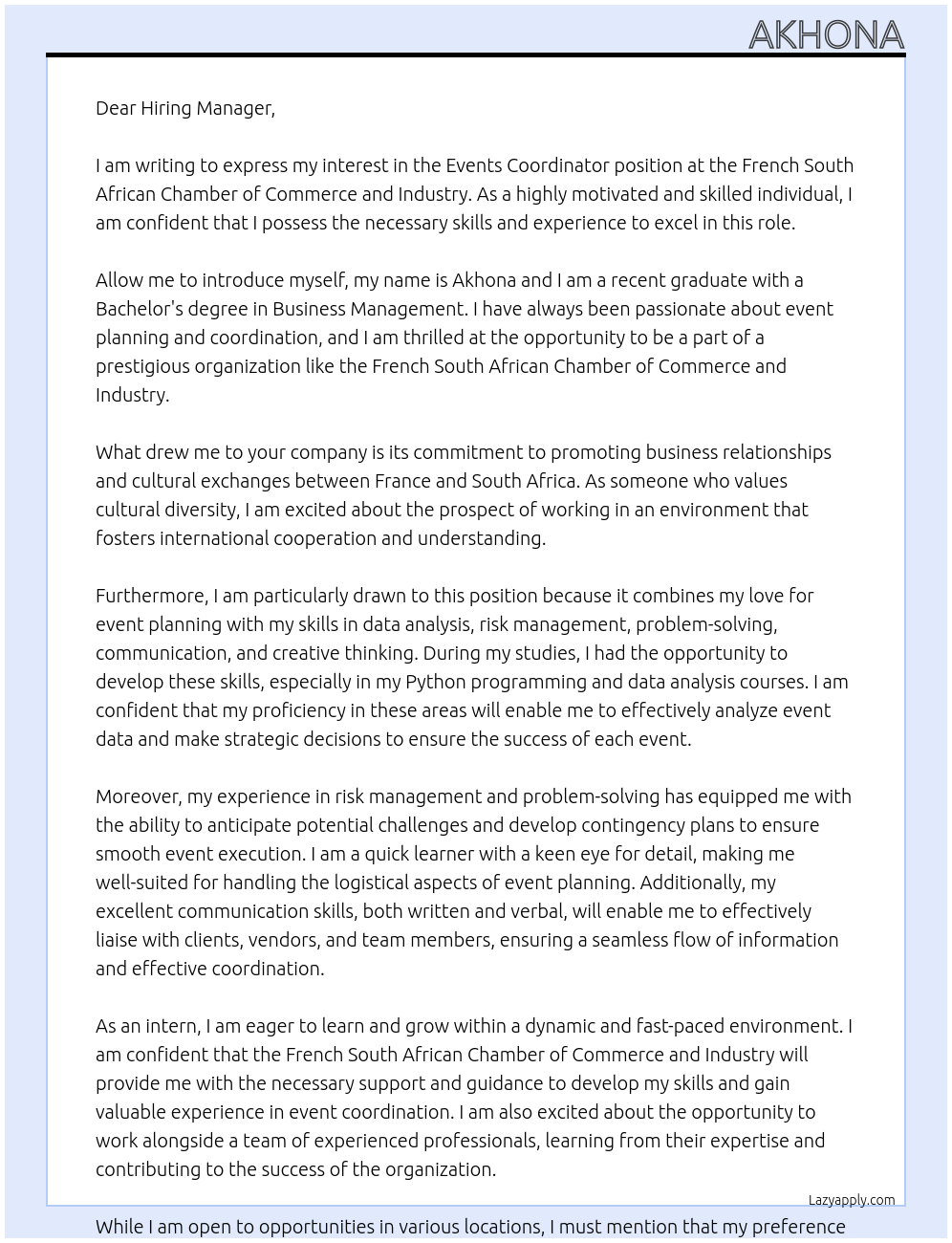 events coordinator At French South African Chamber of Commerce and Industry Cover Letter