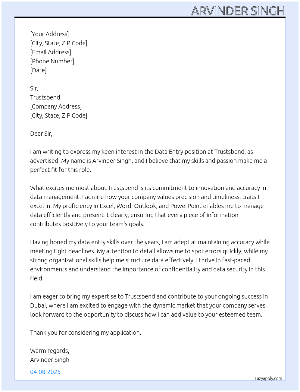 Data Entry At Trustsbend Cover Letter