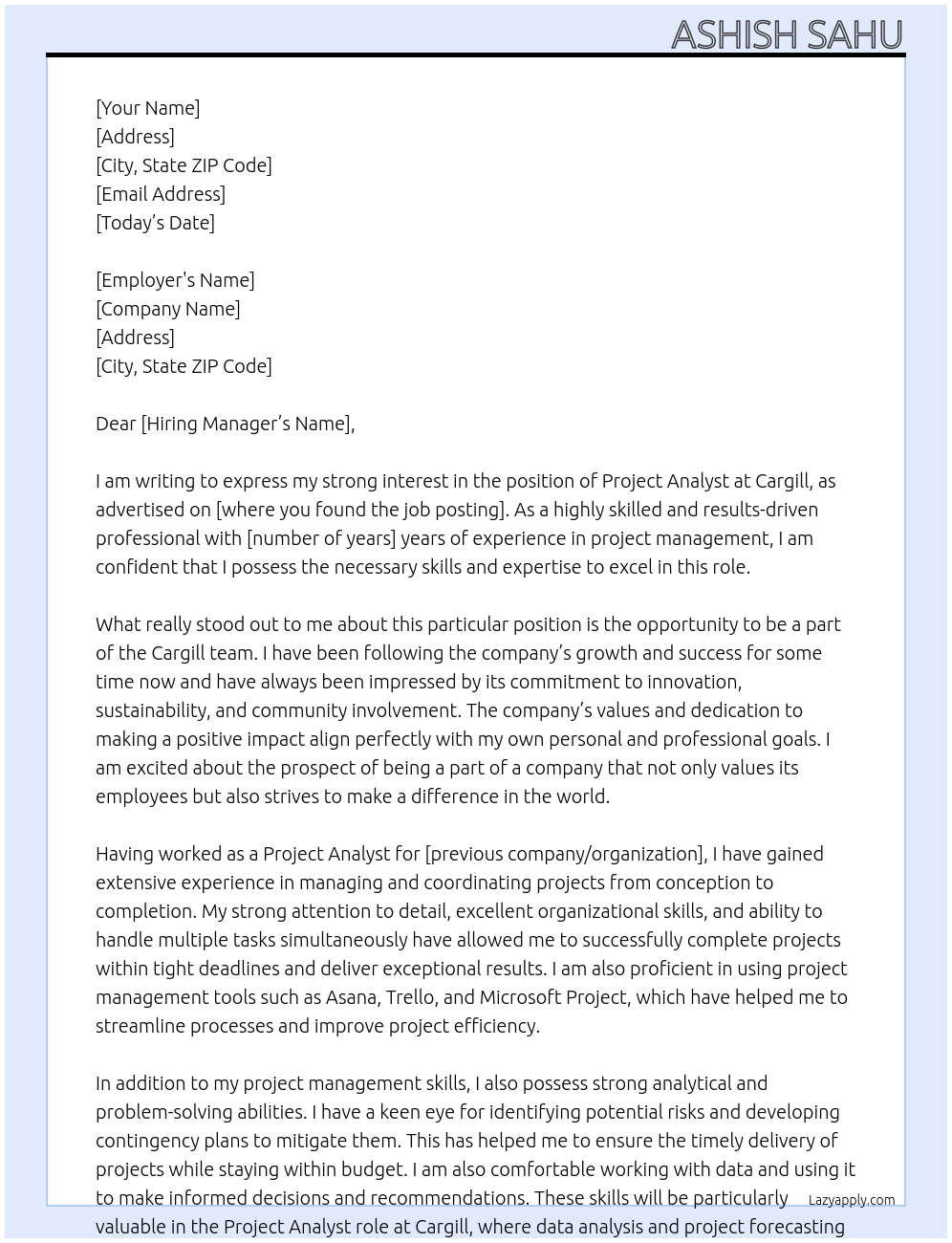 Project Analyst At Cargill Cover Letter