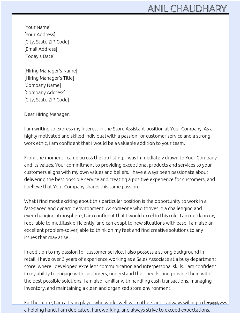 Store assistant At Your company Cover Letter