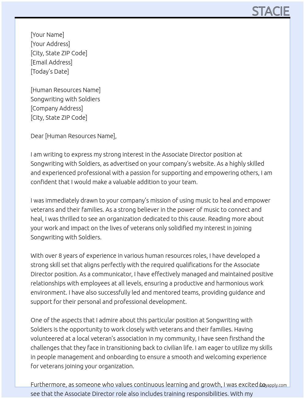 associate director At Songwriting with Soldiers Cover Letter