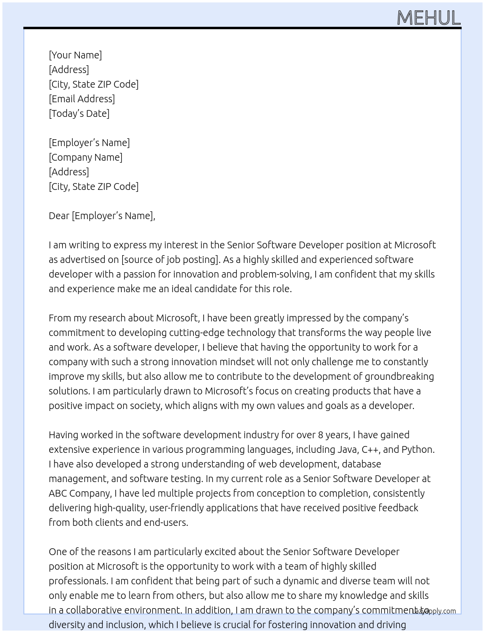 senior software developer At Microsoft Cover Letter