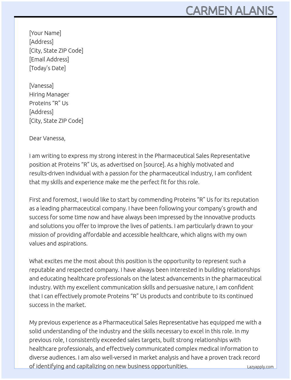 Pharmaceutical sales Representative At Proteins "R" Us Cover Letter