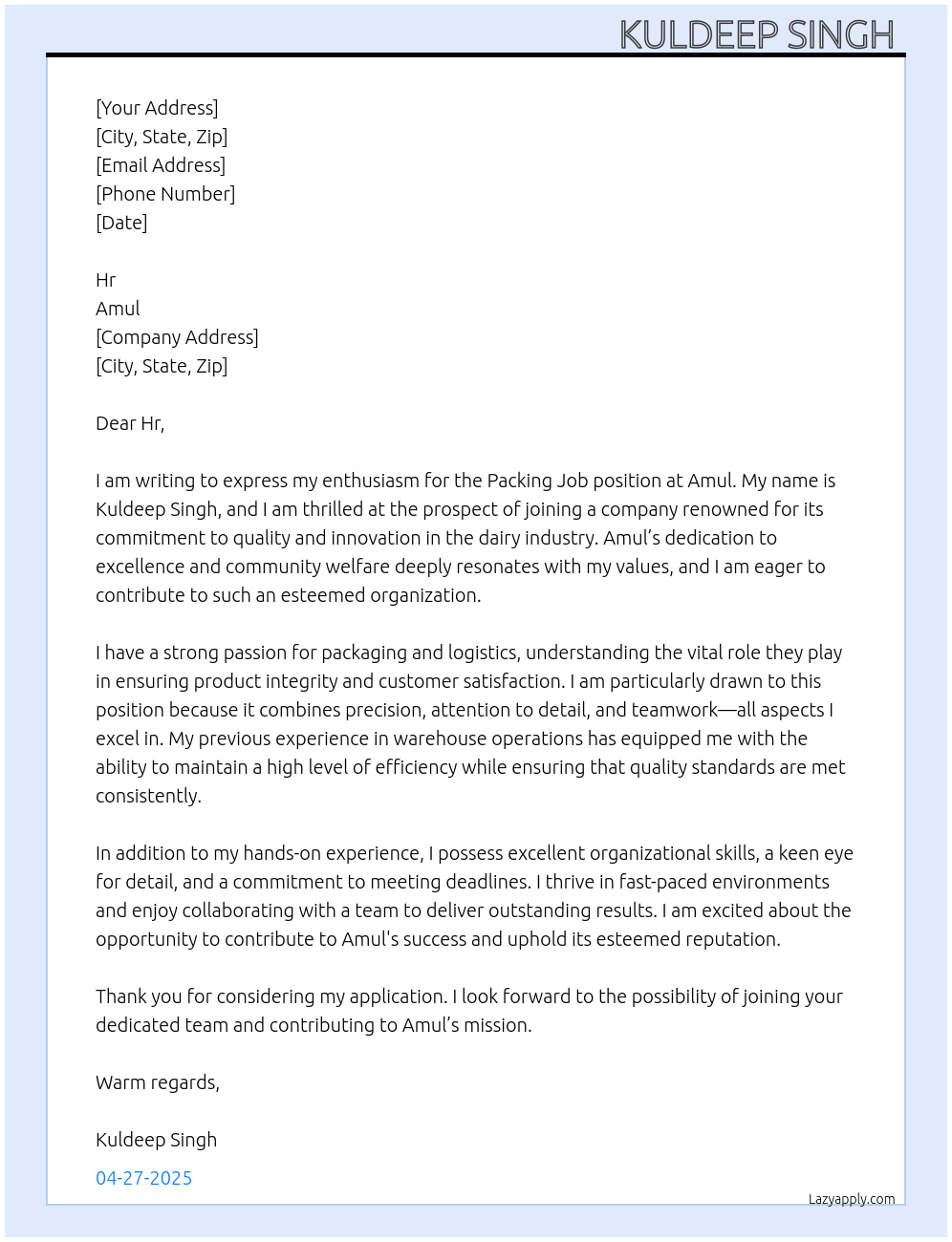 Packing job At Amul Cover Letter