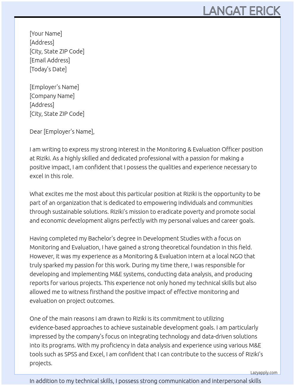 Monitoring & Evaluation Officer At Riziki Cover Letter