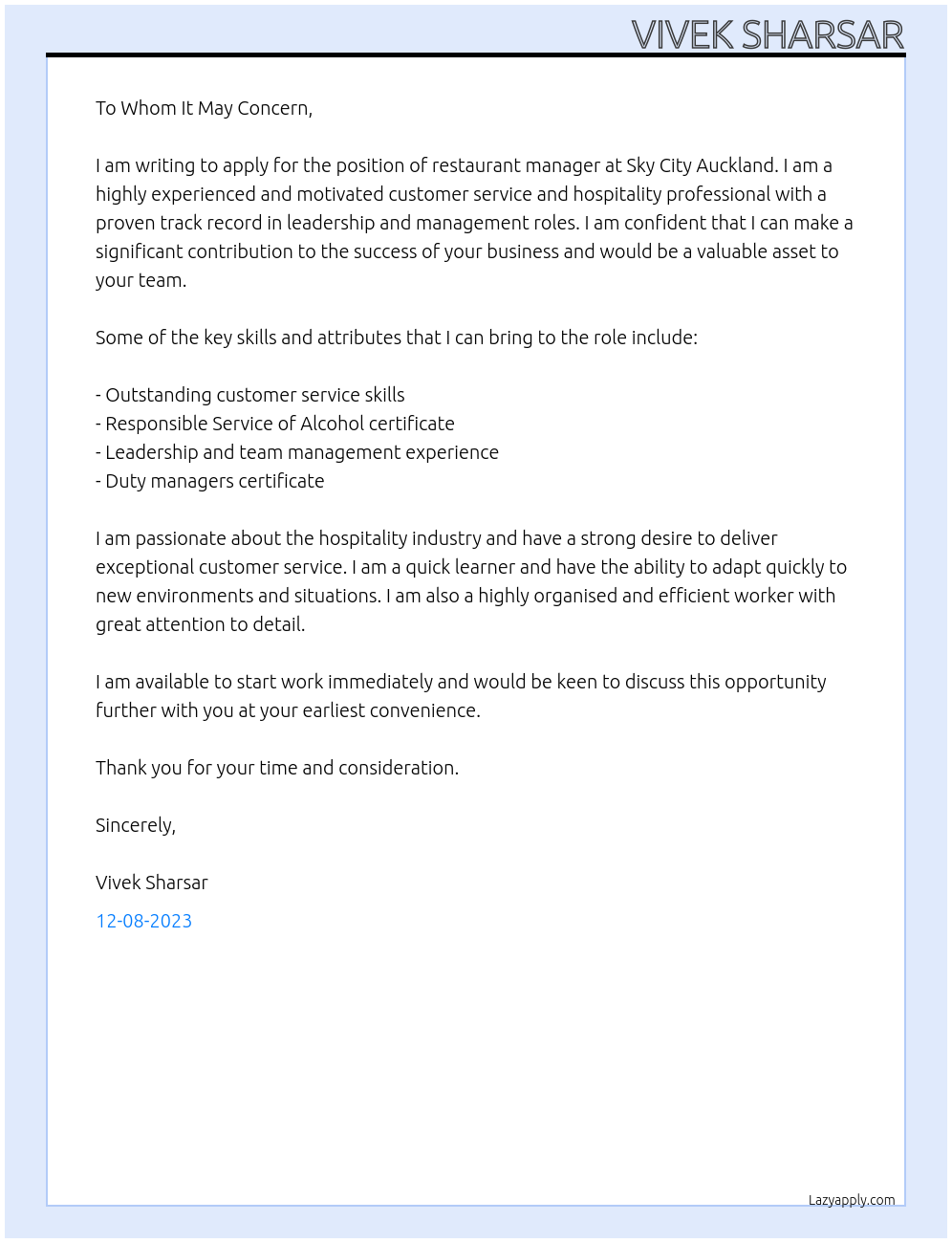 Restaurant manager At Sky city Auckland Cover Letter