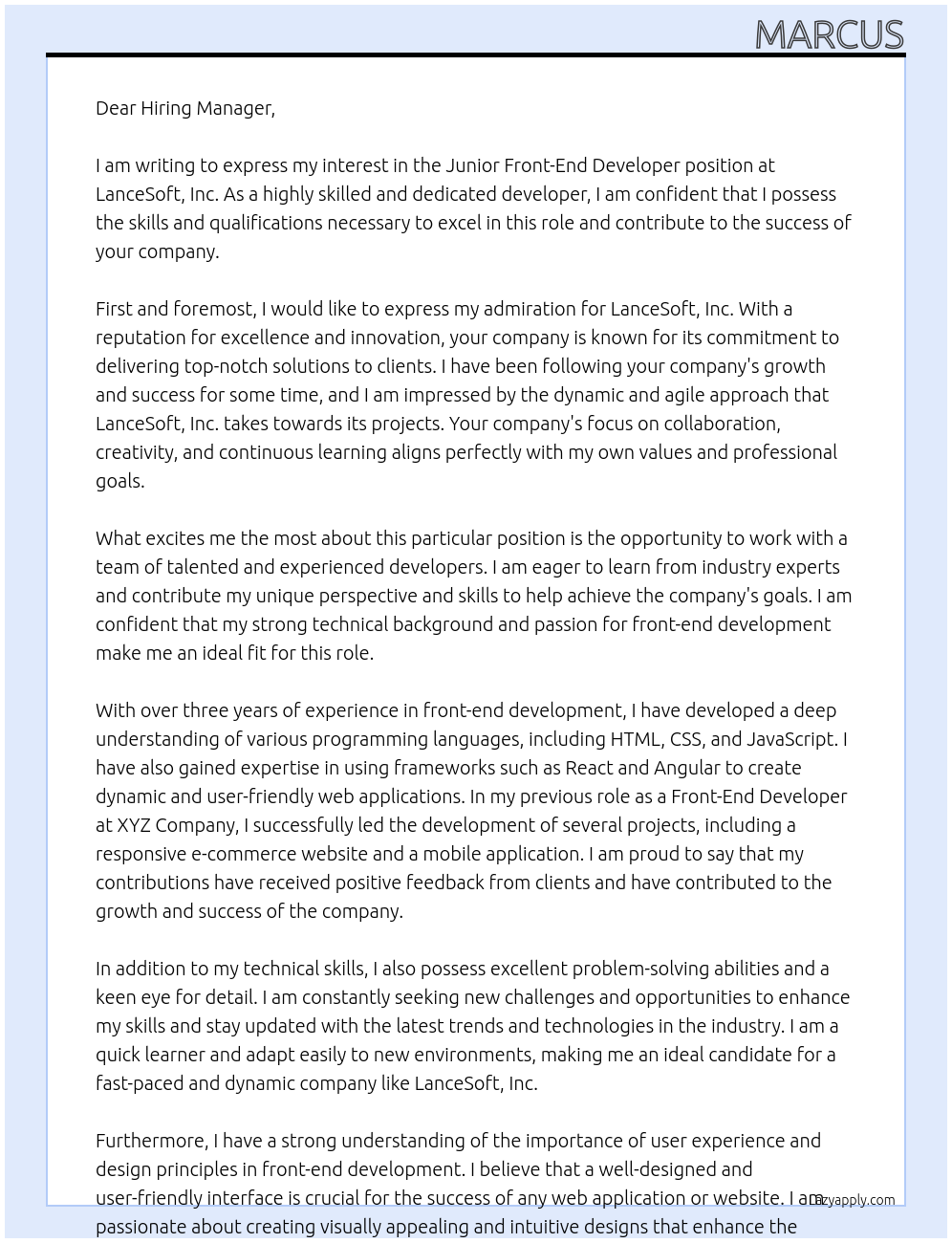 Junior Front-End Developer At LanceSoft, Inc Cover Letter