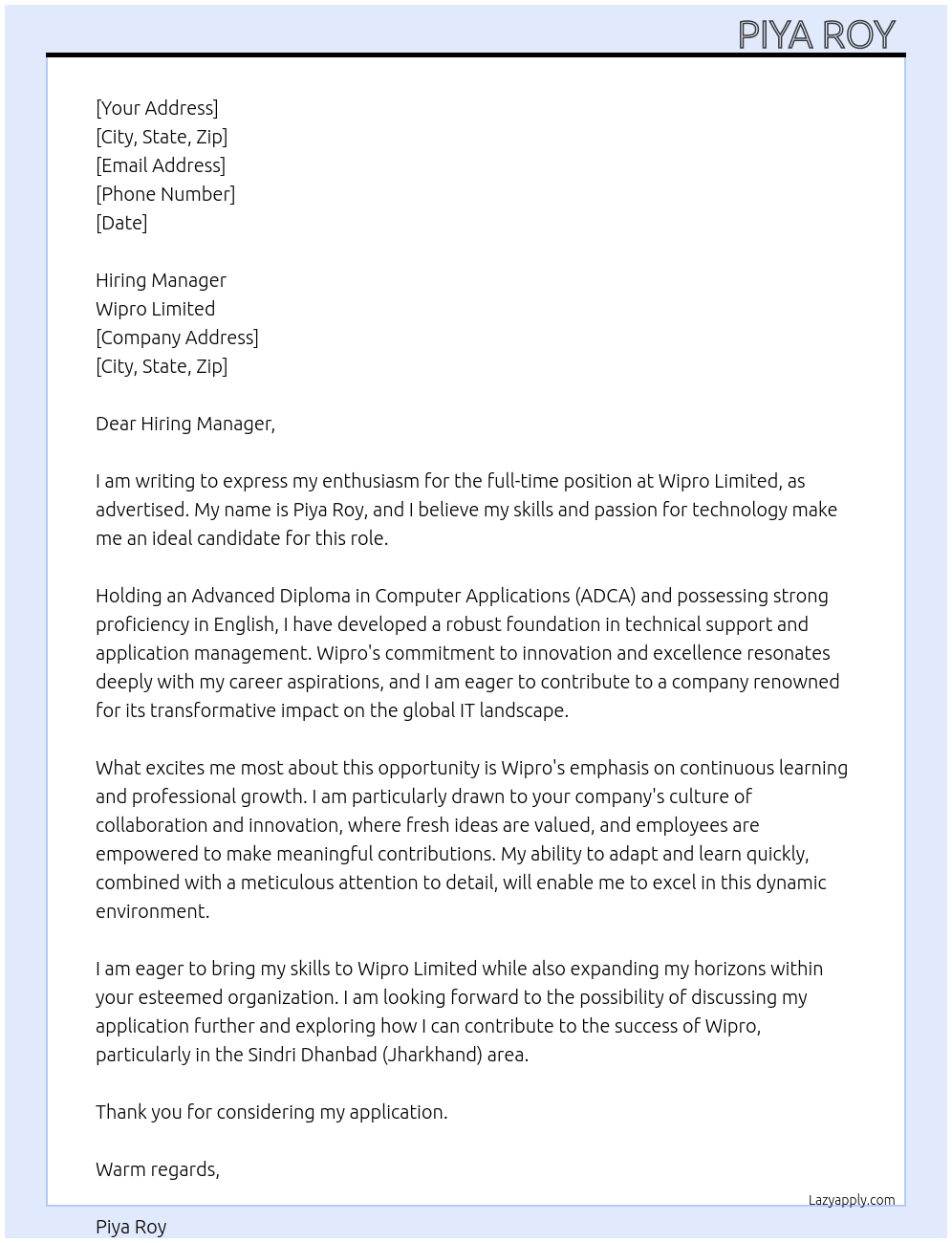 Wipro At Wipro Limited Cover Letter