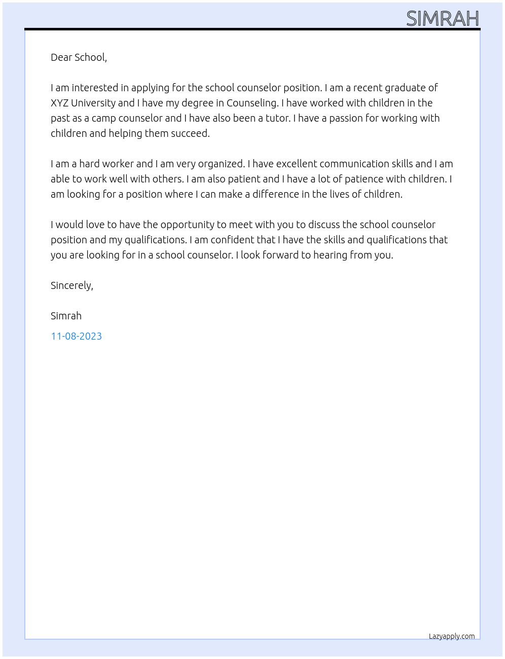 School Counselor At School Cover Letter