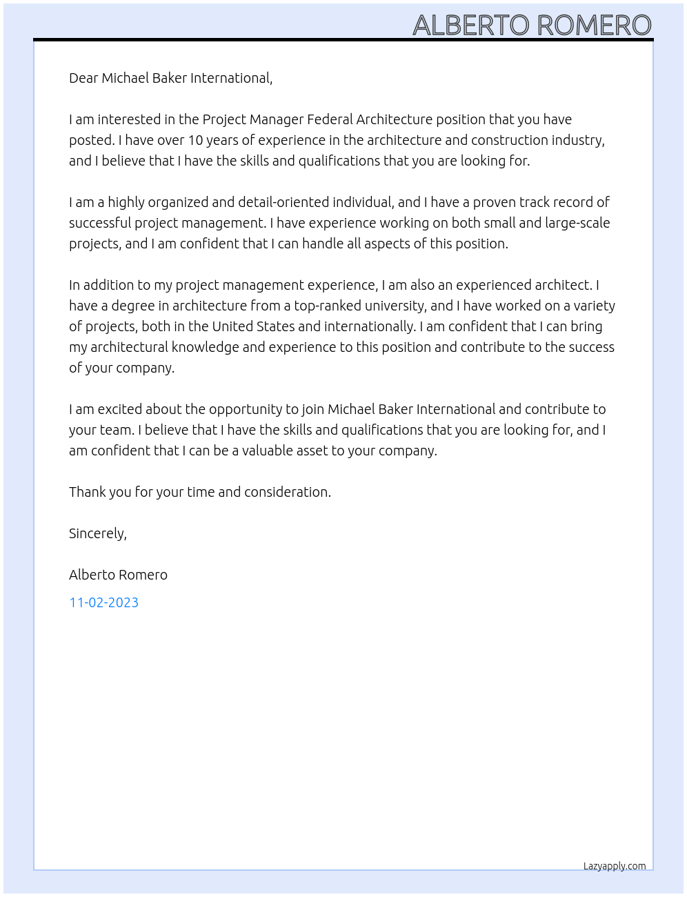 Project Manager Federal Architecture At Michael Baker International Cover Letter