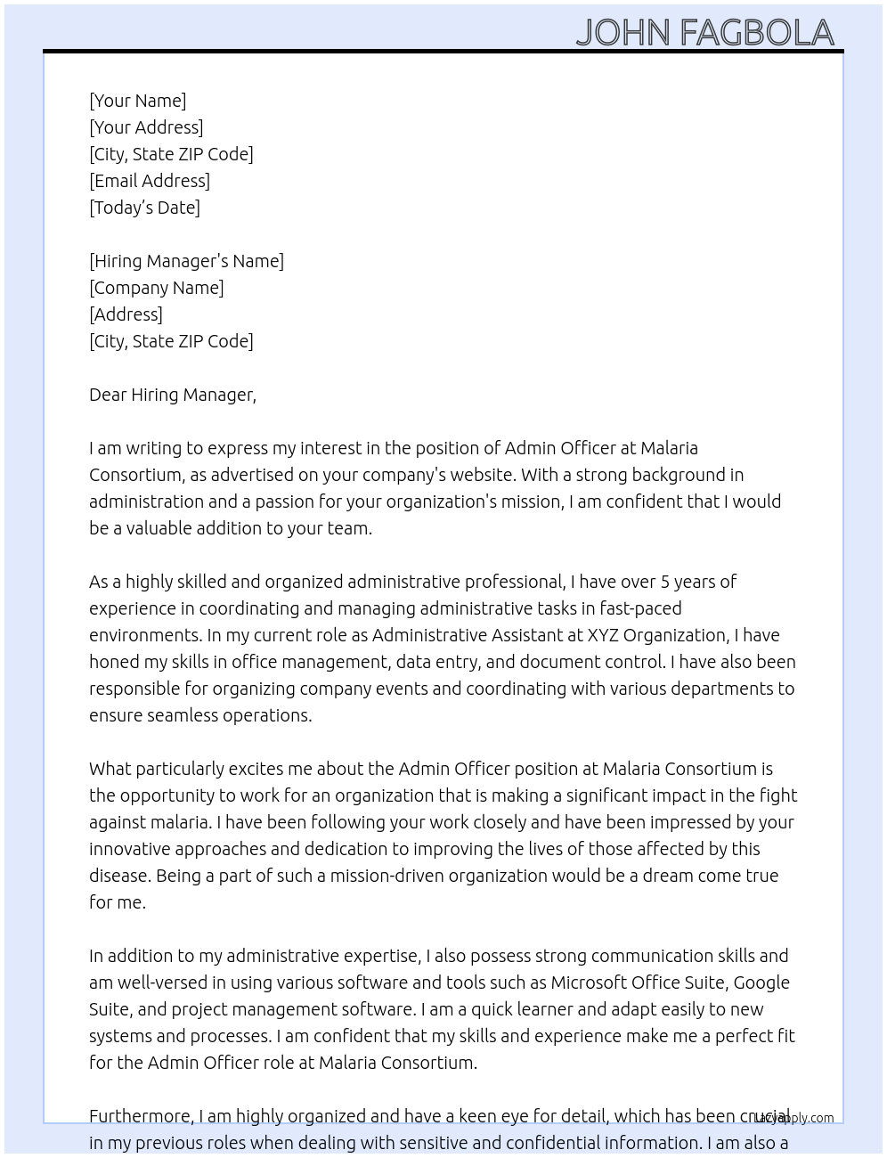 Admin officer At Malaria Consortium Cover Letter