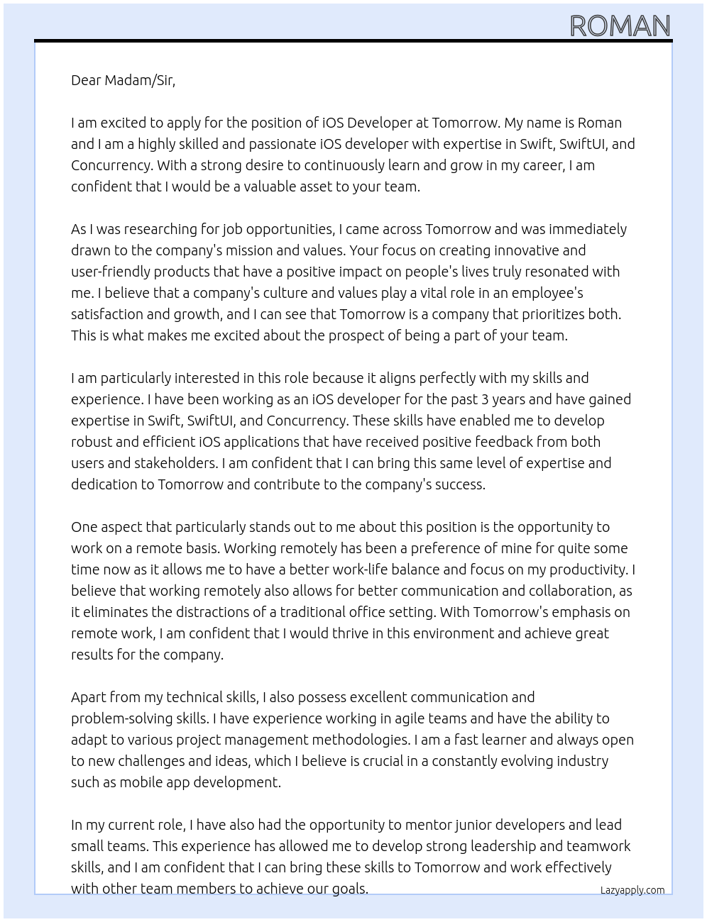 iOS Developer At Tomorrow Cover Letter