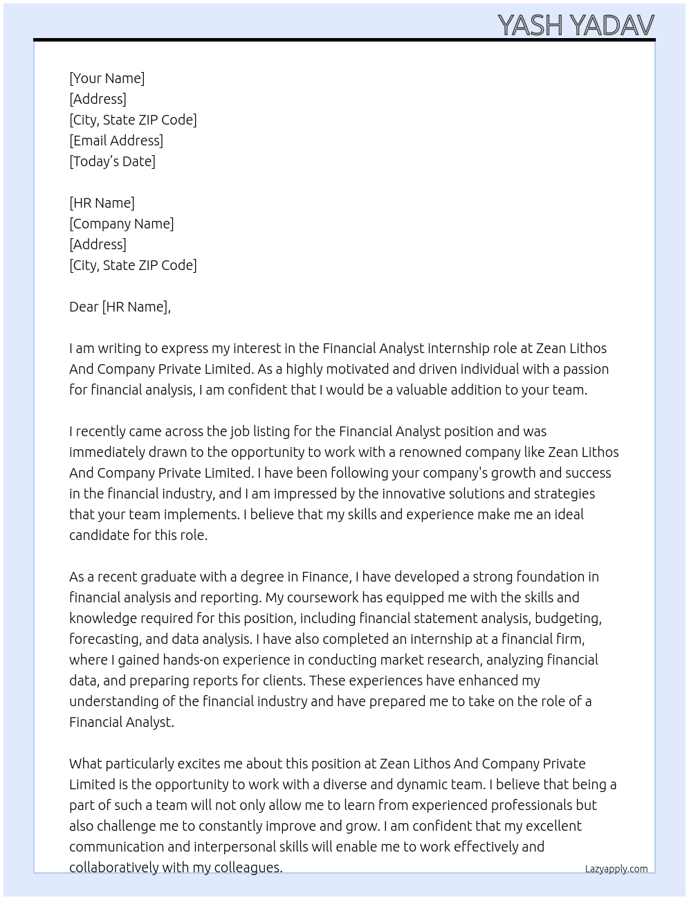 Financial Analyst At Zean Lithos And Company Private Limited Cover Letter