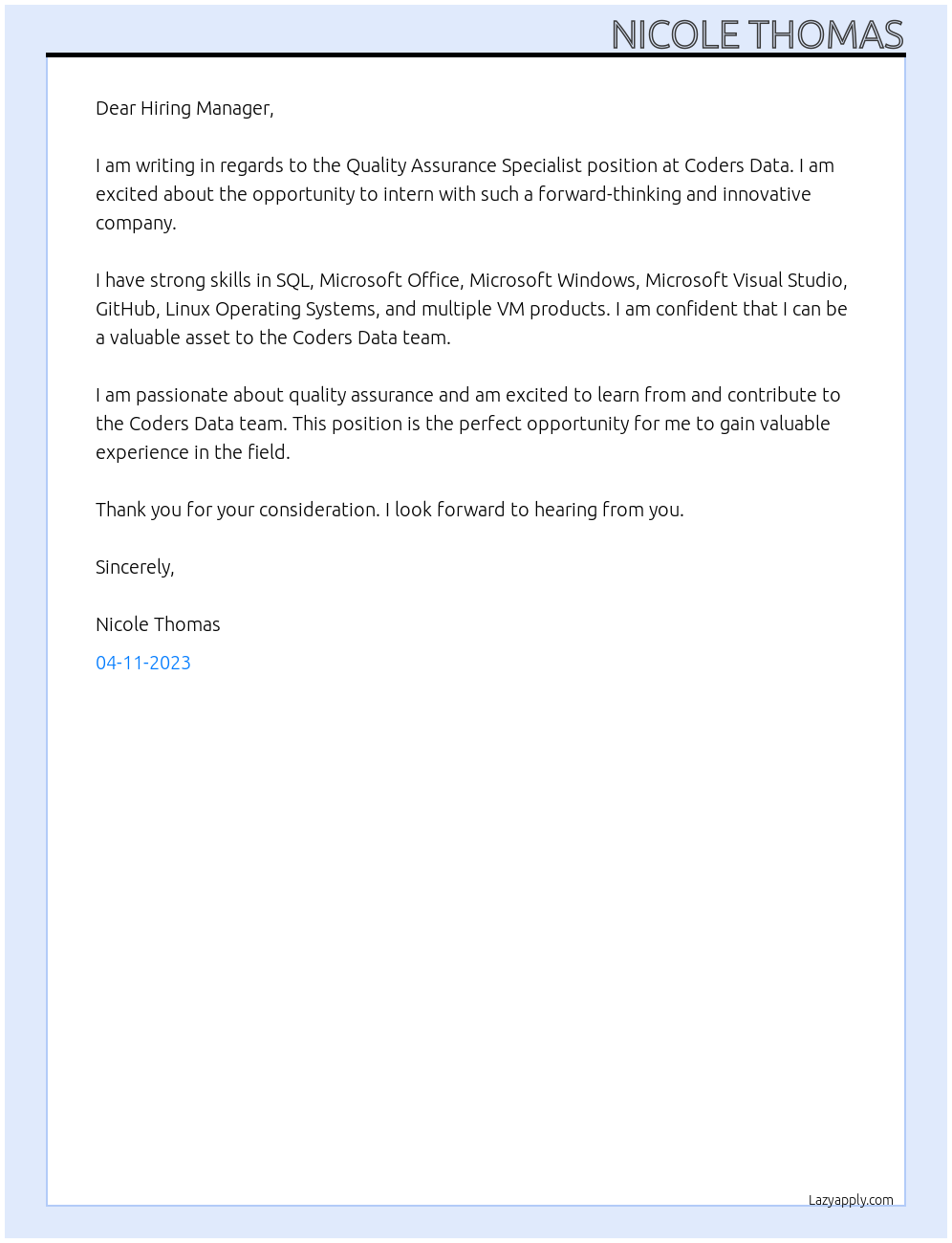 Quality Assurance Specialist At Coders Data Cover Letter